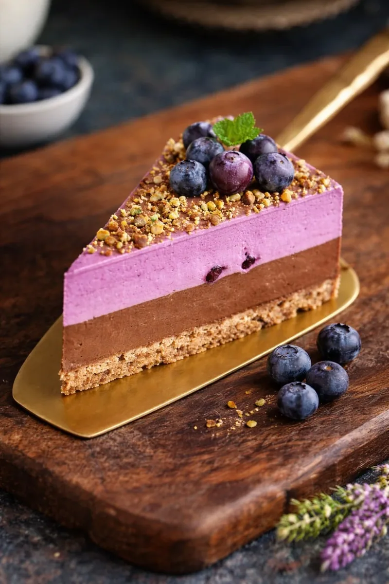 Felie de tort raw vegan cu ciocolata, afine si lavanda