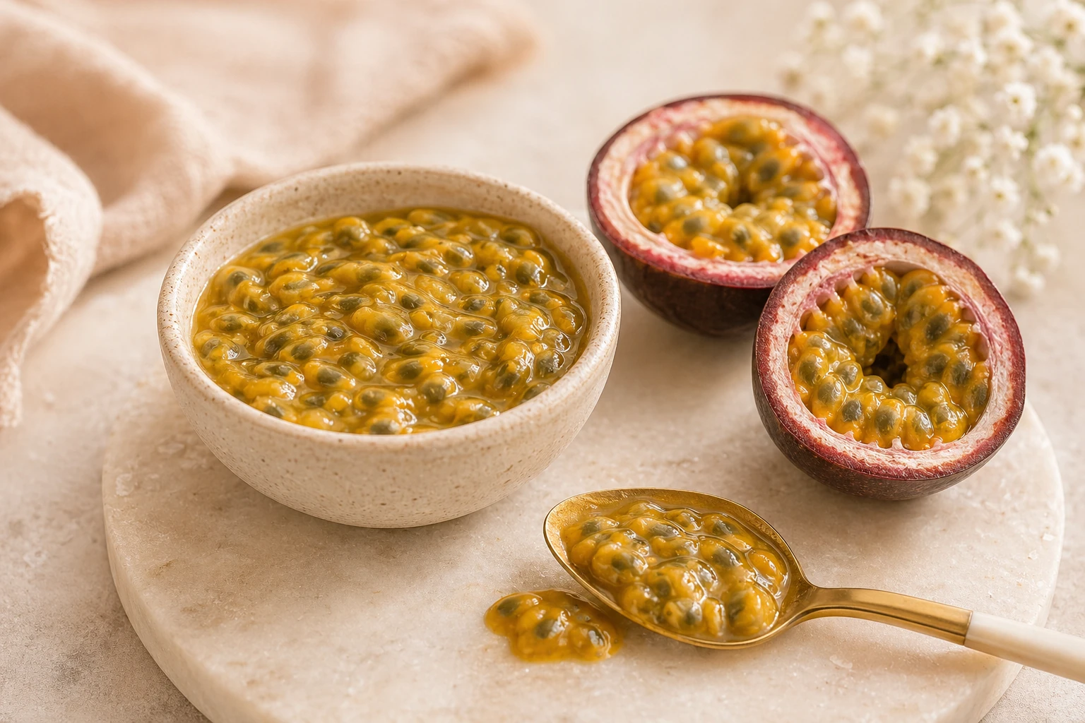 Pulpă de fructul pasiunii servită în bol și lingură, alături de fructe proaspete