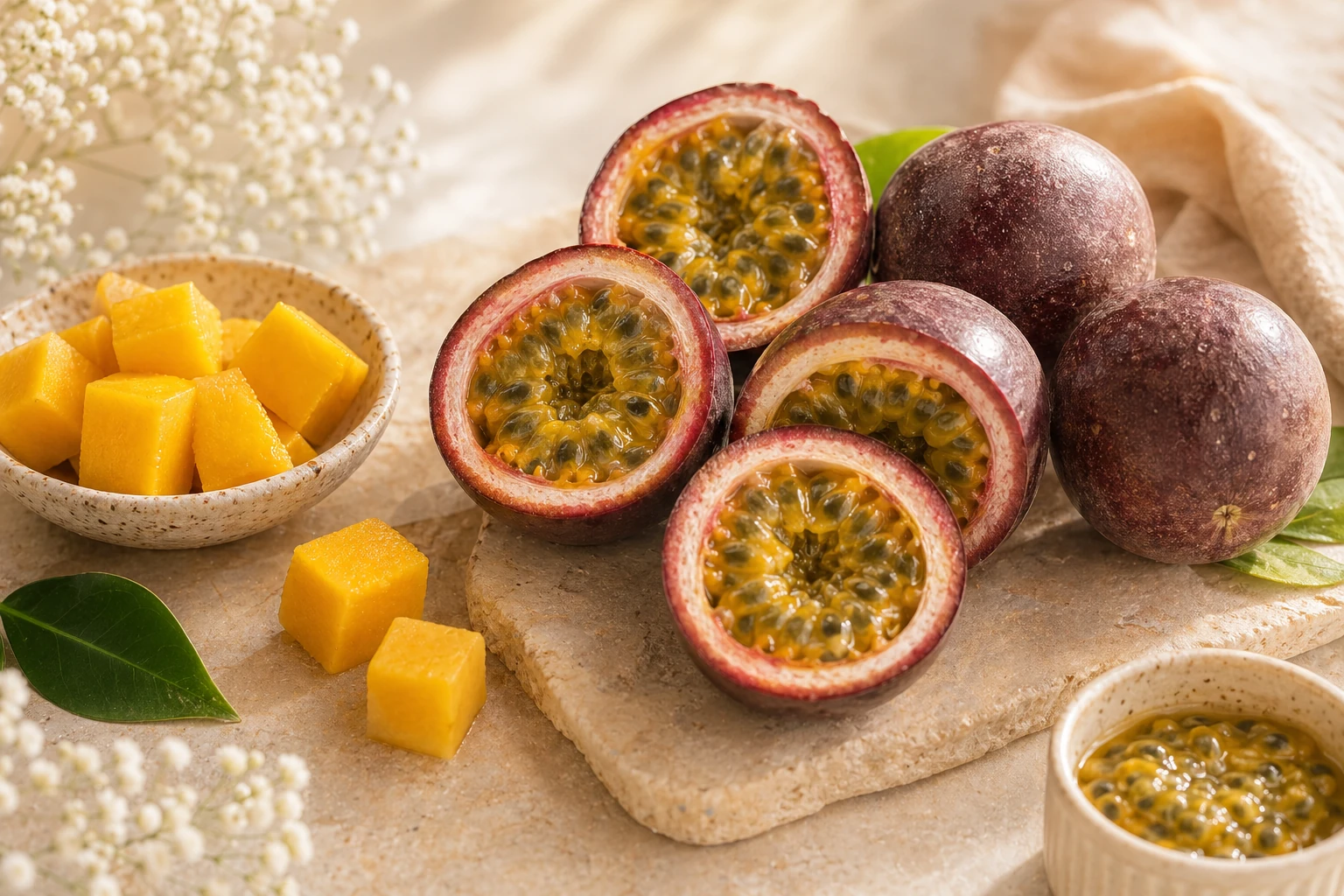 Fructul pasiunii și mango proaspăt, într-o compoziție elegantă și luminoasă