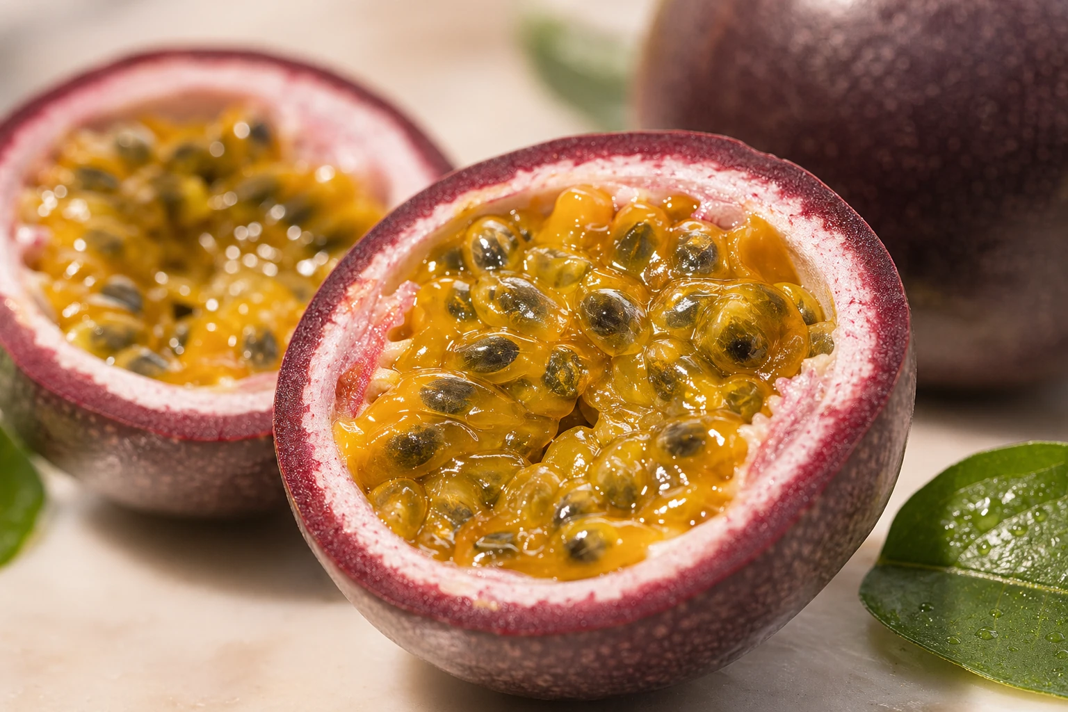 Prim-plan cu pulpa fructului pasiunii, lucioasă, intens colorată și bogată în semințe