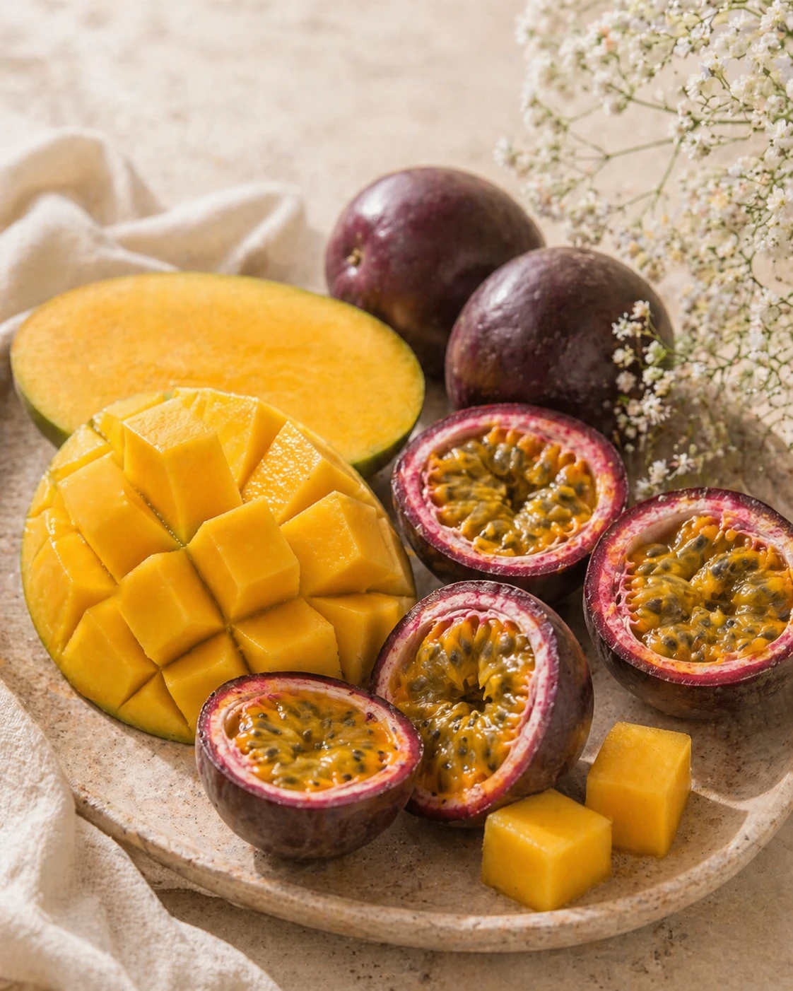 Mango copt și fructul pasiunii proaspăt, într-o combinație tropicală luminoasă