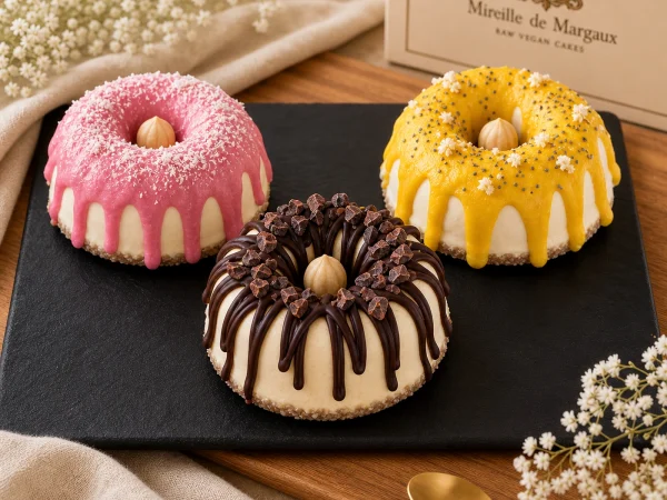 Trio Bundt raw vegan cu ciocolata, mango-fructul pasiunii si zmeura Mireille de Margaux