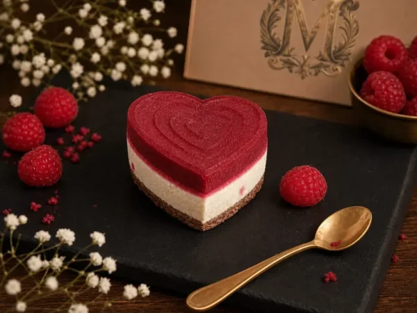 Inimioare Cocos și Zmeură raw vegan pe platou negru, cu zmeură proaspătă și logo Mireille de Margaux