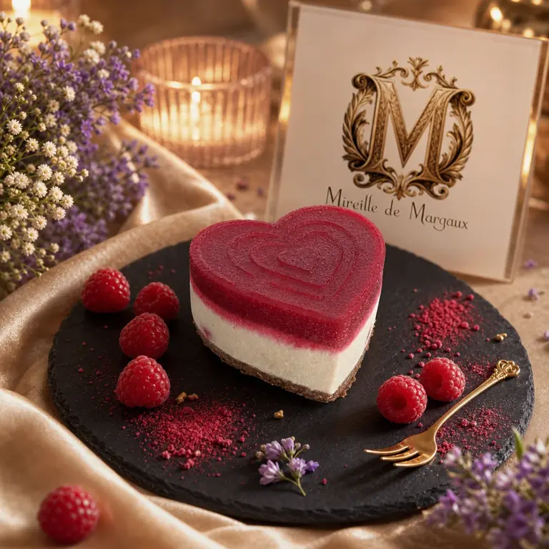 Inimioare Cocos și Zmeură raw vegan în decor luxury cu lavandă, zmeură proaspătă și logo Mireille de Margaux