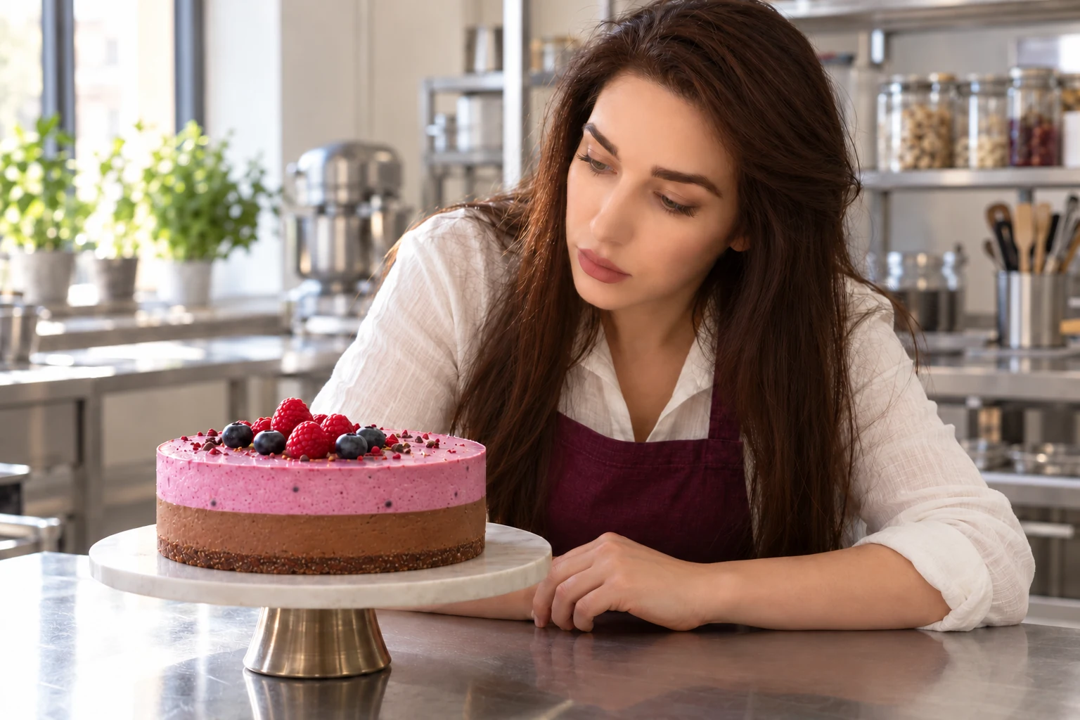 Imagine editorială cu Mirela verificând un tort raw vegan în laborator