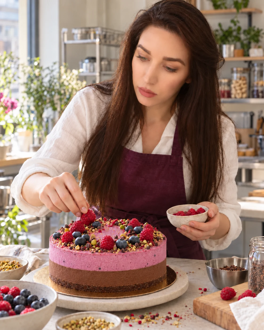 Imagine editorială cu Mirela decorând un tort raw vegan în laborator