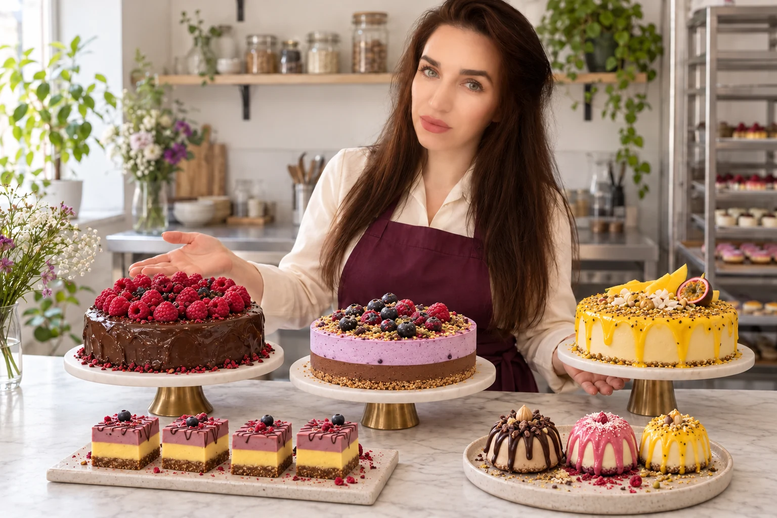 Imagine editorială cu Mirela prezentând o selecție de prăjituri raw vegane
